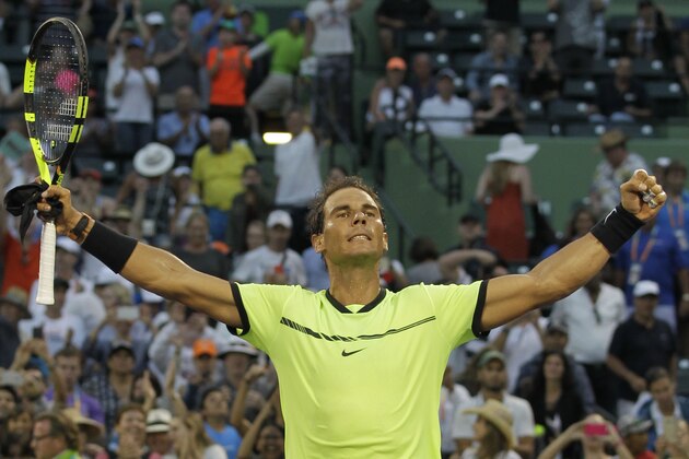 Rafael Nadal, of Spain, reacts after defeating Philipp Kohlschreiber, of Germany, 0-6, 6-2, 6-3 during the Miami Open tennis tournament, Sunday, March 26, 2017, in Key Biscayne, Fla. (AP Photo/Luis M. Alvarez)