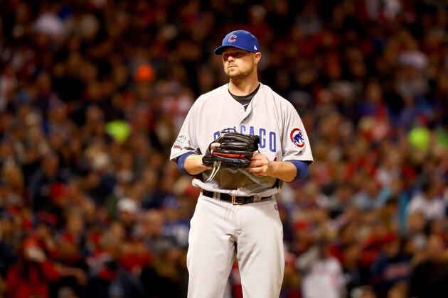 CLEVELAND, OH - OCTOBER 25:  Jon Lester #34 of the Chicago Cubs reacts on the pitcher's mound during the first inning against the Cleveland Indians in Game One of the 2016 World Series at Progressive Field on October 25, 2016 in Cleveland, Ohio.  (Photo by Tim Bradbury/Getty Images)