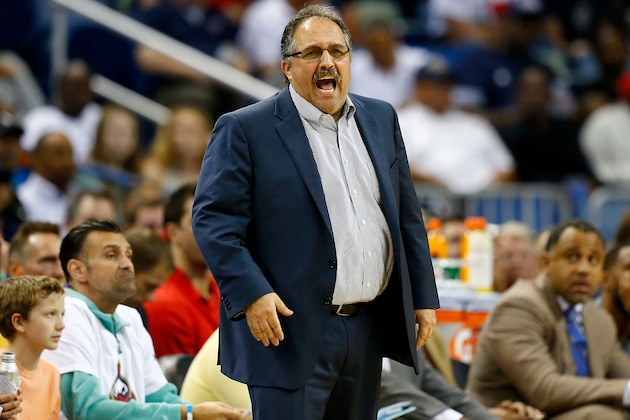 NEW ORLEANS, LA - MARCH 01:  Head coach Stan Van Gundy of the Detroit Pistons instructs his team during the fisrt half of a game against the New Orleans Pelicans at the Smoothie King Center on March 1, 2017 in New Orleans, Louisiana. NOTE TO USER: User expressly acknowledges and agrees that, by downloading and or using this photograph, User is consenting to the terms and conditions of the Getty Images License Agreement.  (Photo by Sean Gardner/Getty Images)