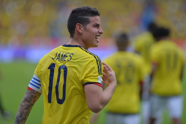 Colombia's midfielder James Rodriguez celebrates after scoring against Bolivia on penalty during their 2018 FIFA World Cup qualifier football match in Barranquilla, on March 23, 2017. / AFP PHOTO / LUIS ROBAYO        (Photo credit should read LUIS ROBAYO/AFP/Getty Images)