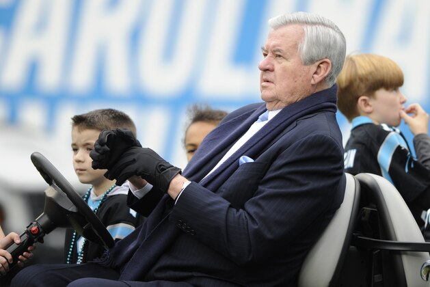 Carolina Panthers owner Jerry Richardson watches his team warm up before an NFL football game against the Atlanta Falcons in Charlotte, N.C., Saturday, Dec. 24, 2016. (AP Photo/Mike McCarn)