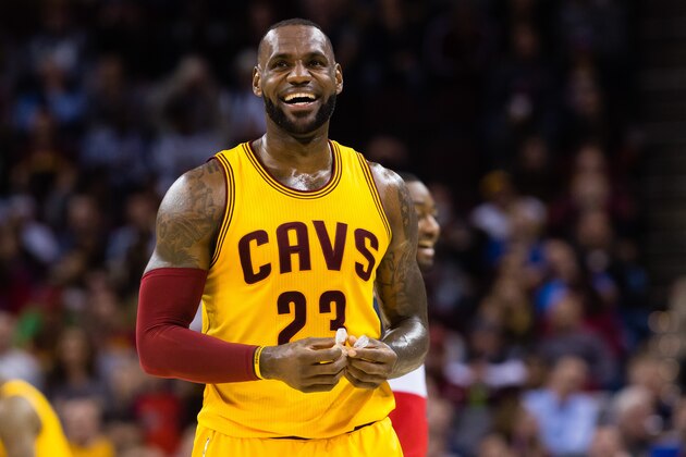 CLEVELAND, OH - MARCH 25: LeBron James #23 of the Cleveland Cavaliers reacts during the first half against the Washington Wizards at Quicken Loans Arena on March 25, 2017 in Cleveland, Ohio. NOTE TO USER: User expressly acknowledges and agrees that, by downloading and/or using this photograph, user is consenting to the terms and conditions of the Getty Images License Agreement. (Photo by Jason Miller/Getty Images)