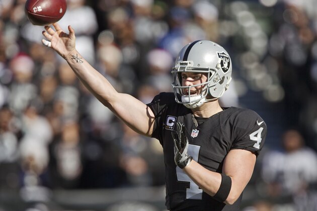 OAKLAND, CA - DECEMBER 24:  Quarterback Derek Carr #4 of the Oakland Raiders throws against the Indianapolis Colts in the first quarter on December 24, 2016 at Oakland-Alameda County Coliseum in Oakland, California.  The Raiders won 33-25.  (Photo by Brian Bahr/Getty Images)