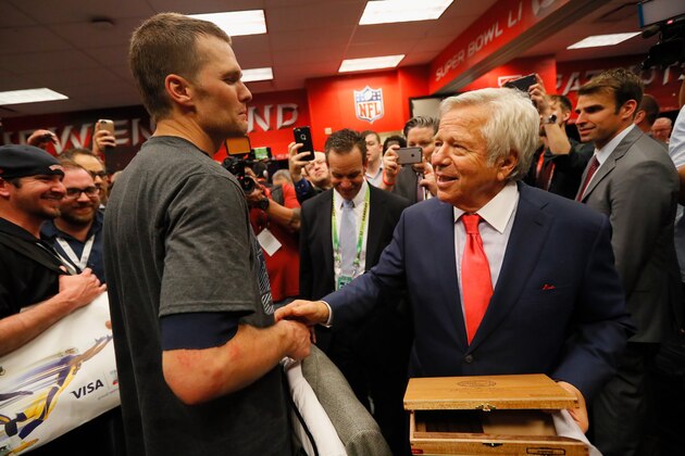 HOUSTON, TX - FEBRUARY 05:  Tom Brady #12 of the New England Patriots celebrates with owner Robert Kraft in the locker room after defeating the Atlanta Falcons during Super Bowl 51 at NRG Stadium on February 5, 2017 in Houston, Texas. The Patriots defeated the Falcons 34-28.  (Photo by Kevin C. Cox/Getty Images)