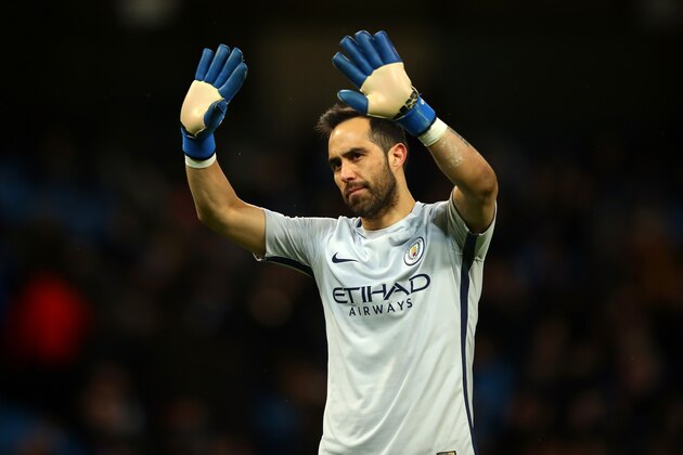 MANCHESTER, ENGLAND - MARCH 01: Claudio Bravo of Manchester City waves to the Huddersfield Town fans at the end of the Emirates FA Cup Fifth Round replay match between Manchester City and Huddersfield Town at Etihad Stadium on March 1, 2017 in Manchester, England.  (Photo by Robbie Jay Barratt - AMA/Getty Images)