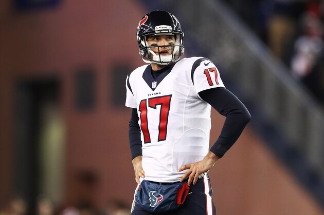 FOXBORO, MA - JANUARY 14:  Brock Osweiler #17 of the Houston Texans looks on in the second half against the New England Patriots during the AFC Divisional Playoff Game at Gillette Stadium on January 14, 2017 in Foxboro, Massachusetts.  (Photo by Elsa/Getty Images)