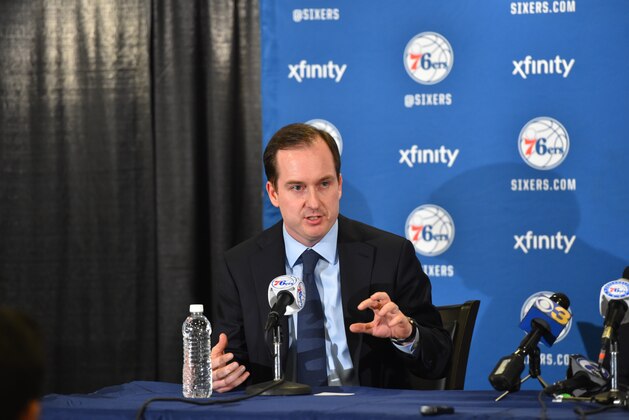 PHILADELPHIA,PA - DECEMBER 7: Hall of Famer Jerry Colangelo Joins Philadelphia 76ers as Special Advisor to Managing General Partner and Chairman of Basketball Operations along side Owner Josh Harris and General Manager Sam Hinkie prior to the Philadelphia 76ers against the San Antonio Spurs at Wells Fargo Center on December 7, 2015 in Philadelphia, Pennsylvania NOTE TO USER: User expressly acknowledges and agrees that, by downloading and/or using this Photograph, user is consenting to the terms and conditions of the Getty Images License Agreement. Mandatory Copyright Notice: Copyright 2015 NBAE (Photo by Jesse D. Garrabrant/NBAE via Getty Images)