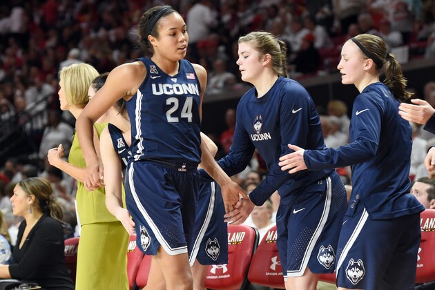 COLLEGE PARK, MD - DECEMBER 29:  Napheesa Collier #24 of the Connecticut Huskies comes out of the game during a women's college basketball game against the Maryland Terrapins at the XFinity Center on December 29, 2016 in College Park, Maryland.  The Huskies won 87-81.  (Photo by Mitchell Layton/Getty Images)