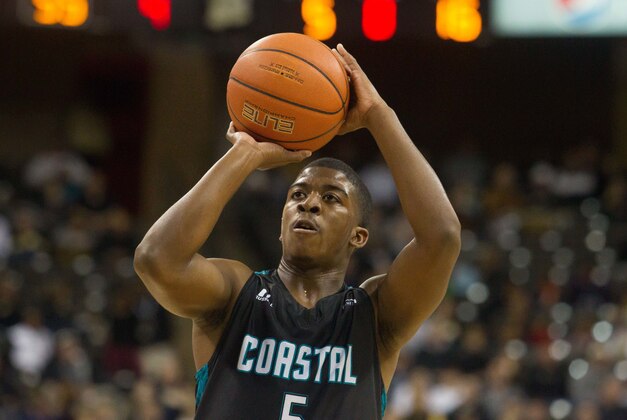 Dec 18, 2015; Winston-Salem, NC, USA; Coastal Carolina Chanticleers guard Jaylen Shaw (5) shoots a free throw during the second half against the Wake Forest Demon Deacons at Lawrence Joel Veterans Memorial Coliseum. The Demon Deacons won 83-77. Mandatory Credit: Jeremy Brevard-USA TODAY Sports