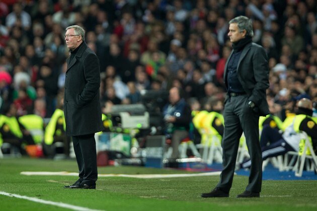 MADRID, SPAIN - FEBRUARY 13: Sir Alex Ferguson (L), manager of Manchester United, stands besides head coach Jose Mourinho of Real Madrid during the UEFA Champions League Round of 16 first leg match between Real Madrid and Manchester United at Estadio Santiago Bernabeu on February 13, 2013 in Madrid, Spain.  (Photo by Jasper Juinen/Getty Images)