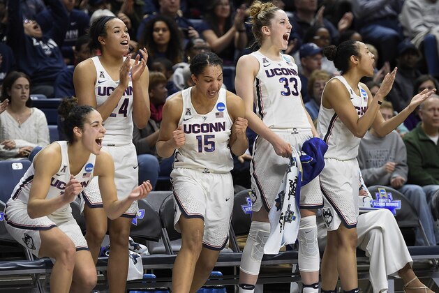 Connecticut's Kia Nurse, Napheesa Collier, Gabby Williams, Katie Lou Samuelson and Saniya Chong, from the left, react during the second half of a first round round of a women's college basketball game against Albany in the NCAA Tournament, Saturday, March 18, 2017, in Storrs, Conn. (AP Photo/Jessica Hill)