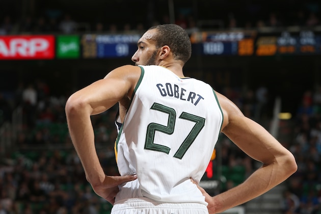 SALT LAKE CITY, UT - MARCH 27: Rudy Gobert #27 of the Utah Jazz looks on during the game against the New Orleans Pelicans on March 27, 2017 at vivint.SmartHome Arena in Salt Lake City, Utah. NOTE TO USER: User expressly acknowledges and agrees that, by downloading and or using this Photograph, User is consenting to the terms and conditions of the Getty Images License Agreement. Mandatory Copyright Notice: Copyright 2017 NBAE (Photo by Melissa Majchrzak/NBAE via Getty Images)