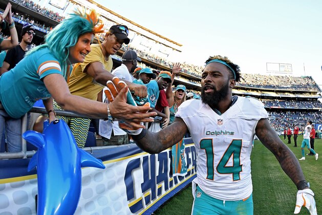 SAN DIEGO - NOVEMBER 13:  Jarvis Landry #17 of the Miami Dolphins celebrates his team's 31-24 win over the San Diego Chargers during their NFL Game at Qualcomm Stadium on November 13, 2016 in San Diego, California. (Photo by Donald Miralle/Getty Images)