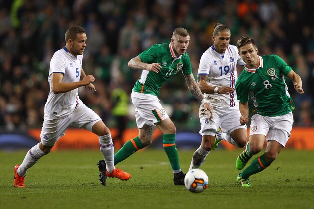DUBLIN, IRELAND - MARCH 28: (L-R) Sverrir Ingason of Iceland, James McClean of Republic of Ireland, Rurik Gislason of Iceland and Kevin Doyle of Republic of Ireland challenge for the ball during the International Friendly match between Republic of Ireland and Iceland at Aviva Stadium on March 28, 2017 in Dublin, Ireland.  (Photo by Ian Walton/Getty Images)