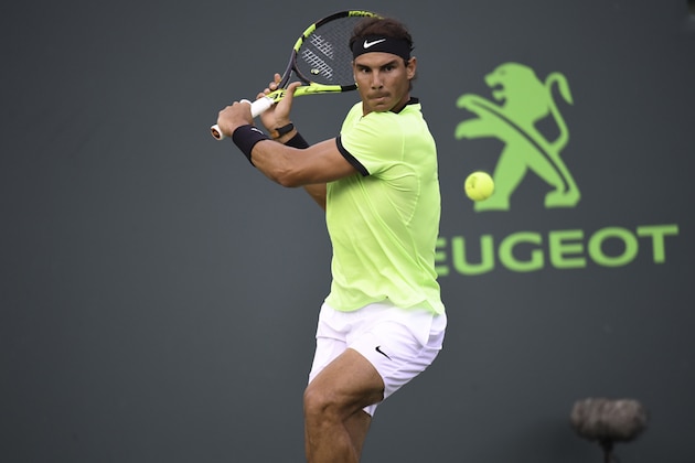 KEY BISCAYNE, FL - MARCH 26:  Rafael Nadal of Spain in action against Philipp Kohlschreiber of Germany at Crandon Park Tennis Center on March 26, 2017 in Key Biscayne, Florida.(Photo by Ron Elkman/Sports Imagery/Getty Images)