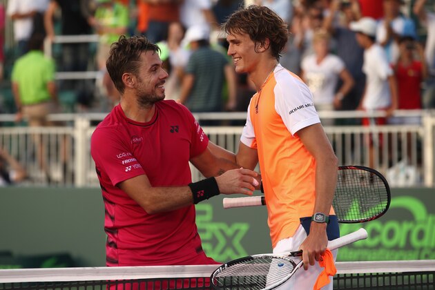 KEY BISCAYNE, FL - MARCH 28:  Stan Wawrinka of Switzerland congratulates Alexander Zverev of Germany after his three sets win at Crandon Park Tennis Center on March 28, 2017 in Key Biscayne, Florida.  (Photo by Julian Finney/Getty Images)