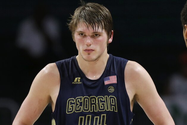 Georgia Tech center Ben Lammers (44) stands on the court during the second half of an NCAA college basketball game against Miami, Wednesday, Feb. 15, 2017, in Coral Gables, Fla. Miami defeated Georgia Tech 70-61. (AP Photo/Lynne Sladky)