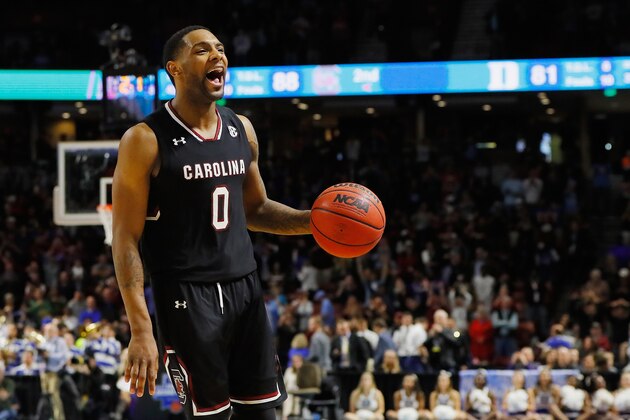 GREENVILLE, SC - MARCH 19:  Sindarius Thornwell #0 of the South Carolina Gamecocks reacts in the second half against the Duke Blue Devils during the second round of the 2017 NCAA Men's Basketball Tournament at Bon Secours Wellness Arena on March 19, 2017 in Greenville, South Carolina.  (Photo by Kevin C. Cox/Getty Images)