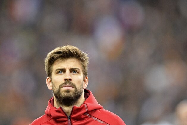 PARIS, FRANCE - MARCH 28:  Gerard Pique of Spain reacts during National Anthem before the international friendly match between France and Spain at Stade de France on March 28, 2017 in Paris, France.  (Photo by Aurelien Meunier/Getty Images)
