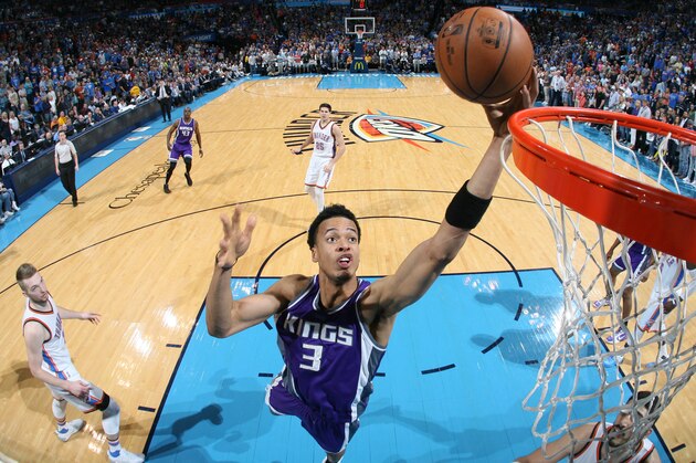 OKLAHOMA CITY, OK - MARCH 18: Skal Labissiere #3 of the Sacramento Kings dunks against the Oklahoma City Thunder during the game on March 18, 2017 at Chesapeake Energy Arena in Oklahoma City, Oklahoma. NOTE TO USER: User expressly acknowledges and agrees that, by downloading and or using this photograph, User is consenting to the terms and conditions of the Getty Images License Agreement. Mandatory Copyright Notice: Copyright 2017 NBAE (Photo by Layne Murdoch/NBAE via Getty Images)
