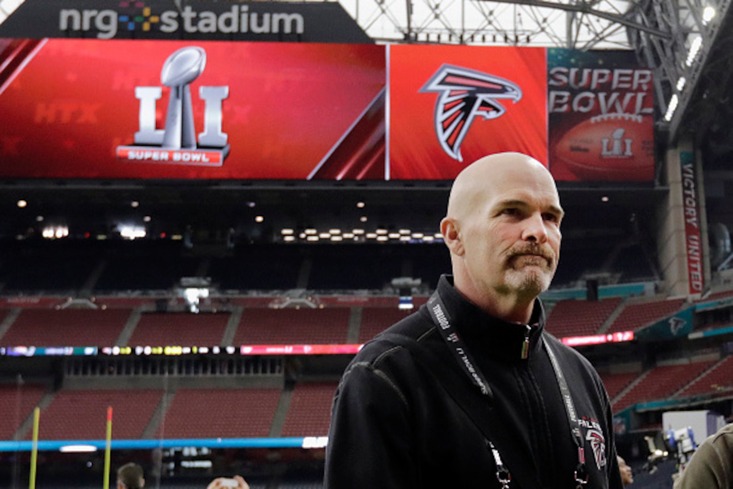 HOUSTON, TX - FEBRUARY 04: Head coach Dan Quinn of the Atlanta Falcons walks on the field during the Super Bowl LI team walk through at NRG Stadium on February 4, 2017 in Houston, Texas. (Photo by Tim Warner/Getty Images) HOUSTON, TX - FEBRUARY 04: Head coach Dan Quinn of the Atlanta Falcons walks on the field during the Super Bowl LI team walk through at NRG Stadium on February 4, 2017 in Houston, Texas. (Photo by Tim Warner/Getty Images)