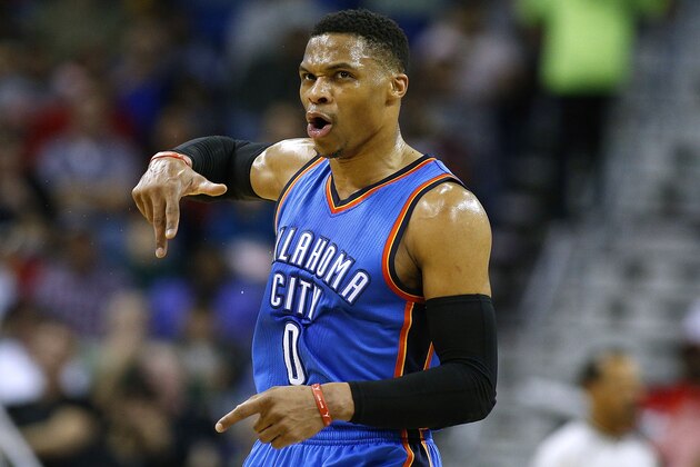 NEW ORLEANS, LA - JANUARY 25: Russell Westbrook #0 of the Oklahoma City Thunder reacts after scoring during the first half of a game against the New Orleans Pelicans at the Smoothie King Center on January 25, 2017 in New Orleans, Louisiana. NOTE TO USER: User expressly acknowledges and agrees that, by downloading and or using this photograph, User is consenting to the terms and conditions of the Getty Images License Agreement.  (Photo by Jonathan Bachman/Getty Images)