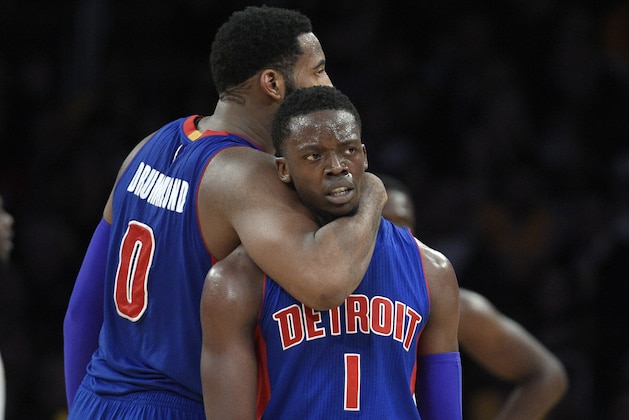LOS ANGELES, CA - JANUARY 15: Reggie Jackson #1 of the Detroit Pistons is congratulated by teammate Andre Drummond #0 during the second half of the basketball game against Los Angeles Lakers at Staples Center January 15 2017, in Los Angeles, California. NOTE TO USER: User expressly acknowledges and agrees that, by downloading and or using this photograph, User is consenting to the terms and conditions of the Getty Images License Agreement. (Photo by Kevork Djansezian/Getty Images)