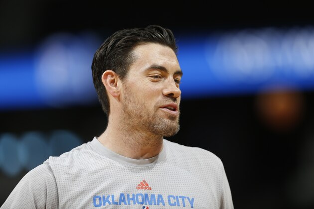Oklahoma City Thunder forward Nick Collison (4) in the first half of an NBA basketball game Tuesday, April 5, 2016, in Denver. (AP Photo/David Zalubowski)