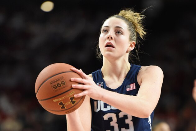 COLLEGE PARK, MD - DECEMBER 29:  Katie Lou Samuelson #33 of the Connecticut Huskies takes a foul shot during a women's college basketball game against the Maryland Terrapins at the XFinity Center on December 29, 2016 in College Park, Maryland.  The Huskies won 87-81.  (Photo by Mitchell Layton/Getty Images)