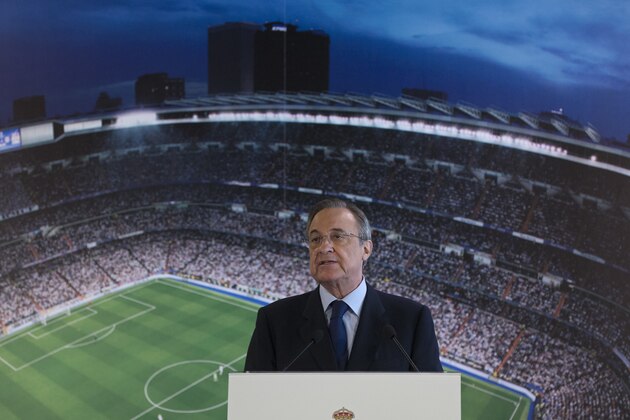 In this photo taken Monday, Nov. 7, 2016, Real Madrid's President Florentino Perez speaks at the Santiago Bernabeu stadium in Madrid, Spain. Florentino Perez is making sure Real Madrid remains a top contender by sticking to the current group of players who helped the team thrive in recent years by extending the contract of Madrid's top players past 2020. (AP Photo/Paul White)