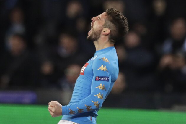 Napoli's Dries Mertens celebrates after scoring the opening goal during the Champions League round of 16, second leg, soccer match between Napoli and Real Madrid at the San Paolo stadium in Naples, Italy, Tuesday March 7, 2017. (AP Photo/Andrew Medichini)