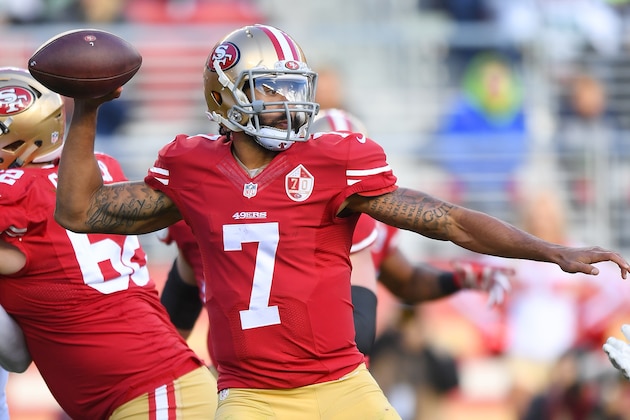 SANTA CLARA, CA - JANUARY 01:  Colin Kaepernick #7 of the San Francisco 49ers drops back to pass against the Seattle Seahawks during the second quarter of their NFL football game at Levi's Stadium on January 1, 2017 in Santa Clara, California.  (Photo by Thearon W. Henderson/Getty Images)