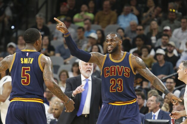 SAN ANTONIO,TX - MARCH 27: LeBron James #23 of the Cleveland Cavaliers gives instruction to J.R. Smith #5 of the Cleveland Cavaliers during game against the San Antonio Spurs at AT&T Center on March 27, 2017 in San Antonio, Texas.  NOTE TO USER: User expressly acknowledges and agrees that , by downloading and or using this photograph, User is consenting to the terms and conditions of the Getty Images License Agreement. (Photo by Ronald Cortes/Getty Images)