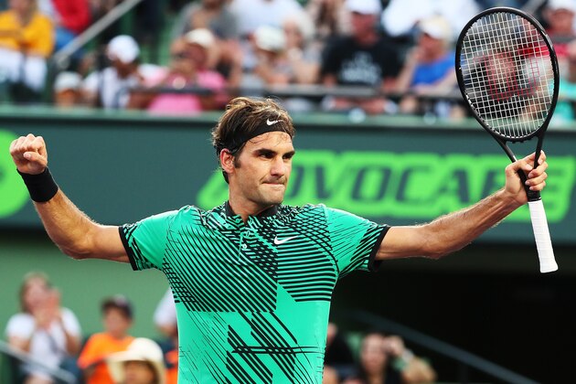 KEY BISCAYNE, FL - MARCH 28:  Roger Federer of Switzerland celebrates match point against Roberto Bautista Agut of Spain during Day 9 of the Miami Open at Crandon Park Tennis Center on March 28, 2017 in Key Biscayne, Florida.  (Photo by Al Bello/Getty Images)