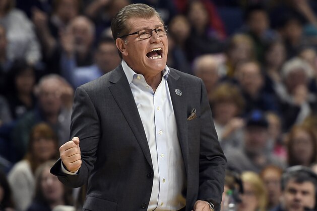 Connecticut head coach Geno Auriemma calls out at player Katie Lou Samuelson during the second half of a regional semifinal game against UCLA in the NCAA women's college basketball tournament, Saturday, March 25, 2017, in Bridgeport, Conn. (AP Photo/Jessica Hill)