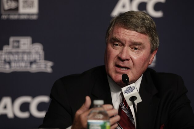 NEW YORK, NY - JUNE 25:  John Swofford, ACC Commissioner (C) addresses the media during a press conference to announce the New Era Pinstripe Bowl's multi-year partnership with the Atlantic Coast Conference at Yankee Stadium on June 25, 2013 in the Bronx borough of New York City. (Photo by Jason Szenes/Getty Images)
