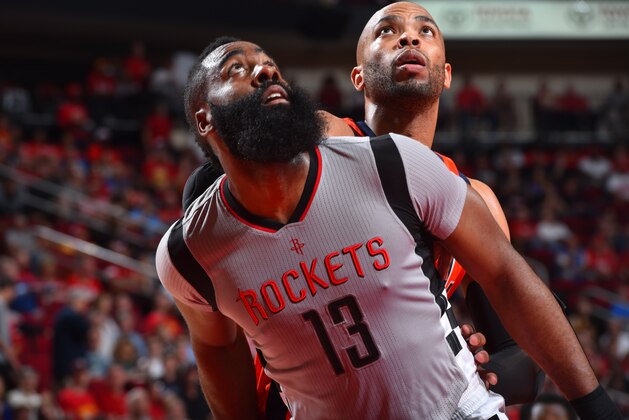 HOUSTON, TX - MARCH 26: James Harden #13 of the Houston Rockets battles for position against the Oklahoma City Thunder on March 26, 2017 at the Toyota Center in Houston, Texas. NOTE TO USER: User expressly acknowledges and agrees that, by downloading and/or using this photograph, user is consenting to the terms and conditions of the Getty Images License Agreement. Mandatory Copyright Notice: Copyright 2017 NBAE (Photo by Jesse D. Garrabrant/NBAE via Getty Images)