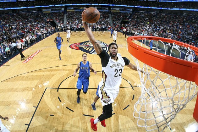 NEW ORLEANS, LA - MARCH 29: Anthony Davis #23 of the New Orleans Pelicans dunks the ball during the game against the Dallas Mavericks on March 29, 2017 at the Smoothie King Center in New Orleans, Louisiana. NOTE TO USER: User expressly acknowledges and agrees that, by downloading and or using this Photograph, user is consenting to the terms and conditions of the Getty Images License Agreement. Mandatory Copyright Notice: Copyright 2017 NBAE (Photo by Layne Murdoch Jr./NBAE via Getty Images)