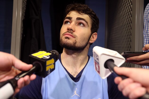 GLENDALE, AZ - MARCH 30:  Luke Maye #32 of the North Carolina Tar Heels speaks during media availability for the 2017 NCAA Men's Basketball Final Four at University of Phoenix Stadium on March 30, 2017 in Glendale, Arizona.  (Photo by Mike Lawrie/Getty Images)