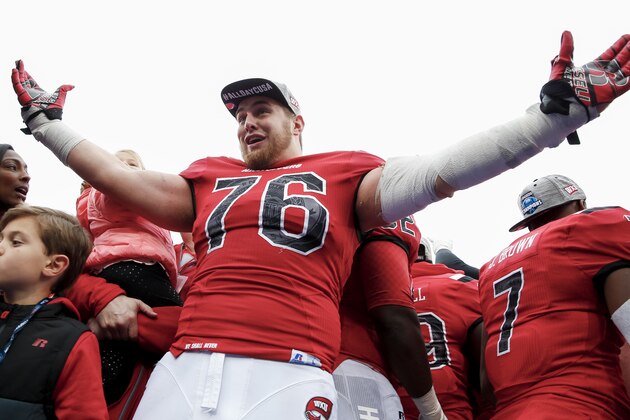 BOWLING GREEN, KY - DECEMBER 03: Forrest Lamp #76 of the Western Kentucky Hilltoppers celebrates following the game against the Louisiana Tech Bulldogs at Houchens-Smith Stadium on December 3, 2016 in Bowling Green, Kentucky. Western Kentucky defeated Louisiana Tech 58-44. (Photo by Michael Hickey/Getty Images)