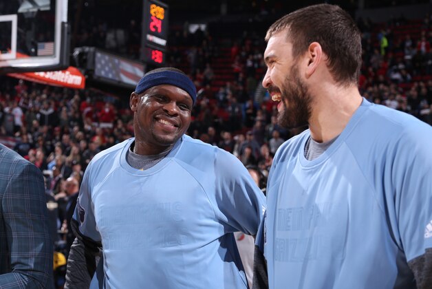 PORTLAND, OR - JANUARY 27: Zach Randolph #50 and Marc Gasol #33 of the Memphis Grizzlies talk before the game against the Portland Trail Blazers on January 27, 2017 at the Moda Center in Portland, Oregon. NOTE TO USER: User expressly acknowledges and agrees that, by downloading and or using this Photograph, user is consenting to the terms and conditions of the Getty Images License Agreement. Mandatory Copyright Notice: Copyright 2017 NBAE (Photo by Sam Forencich/NBAE via Getty Images)