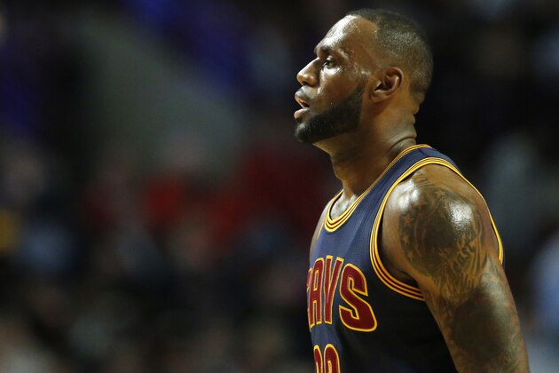 Cleveland Cavaliers forward LeBron James walks to the bench during the first half of an NBA basketball game against the Chicago Bulls Thursday, March 30, 2017, in Chicago. (AP Photo/Nam Y. Huh)