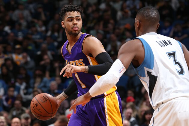 MINNEAPOLIS, MN -  MARCH 30: D'Angelo Russell #1 of the Los Angeles Lakers handles the ball against the Minnesota Timberwolves on March 30, 2017 at Target Center in Minneapolis, Minnesota. NOTE TO USER: User expressly acknowledges and agrees that, by downloading and or using this Photograph, user is consenting to the terms and conditions of the Getty Images License Agreement. Mandatory Copyright Notice: Copyright 2017 NBAE (Photo by David Sherman/NBAE via Getty Images)