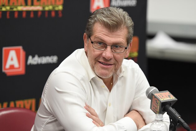 COLLEGE PARK, MD - DECEMBER 29:  Head coach Geno Auriemma of the Connecticut Huskies addresses the media after a women's college basketball game against the Maryland Terrapins at the XFinity Center on December 29, 2016 in College Park, Maryland.  The Huskies won 87-81.  (Photo by Mitchell Layton/Getty Images)