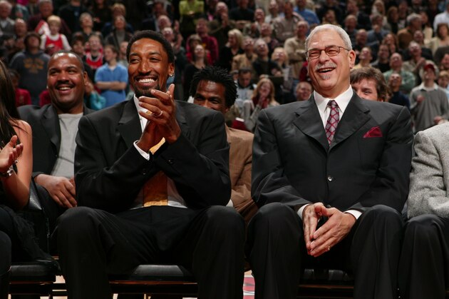 CHICAGO, IL - DECEMBER 9:  Former Chicago Bull Scottie Pippen, Phil Jackson and Michael Jordan are seen during the retirement of Scottie Pippen's number #33 during half time of the game against the Los Angeles Lakers on December 9, 2005 at the United Center in Chicago, Illinois. NOTE TO USER: User expressly acknowledges and agrees that, by downloading and/or using this photograph, user is consenting to the terms and conditions of the Getty Images License Agreement.  Mandatory Copyright Notice: Copyright 2005 NBAE (Photo by Garrett W. Ellwood/NBAE via Getty Images)
