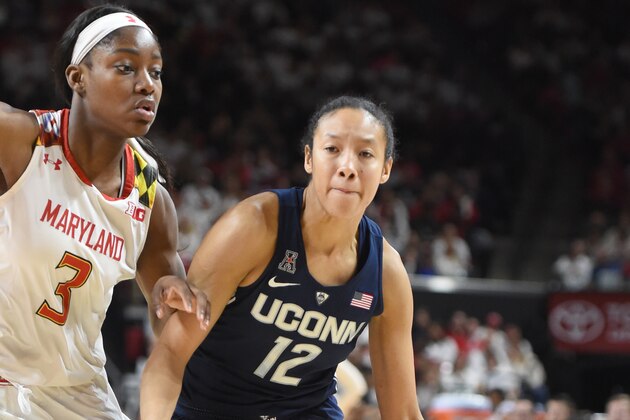 COLLEGE PARK, MD - DECEMBER 29:  Saniya Chong #12 of the Connecticut Huskies dribbles the ball during a women's college basketball game against the Maryland Terrapins at the XFinity Center on December 29, 2016 in College Park, Maryland.  The Huskies won 87-81.  (Photo by Mitchell Layton/Getty Images)