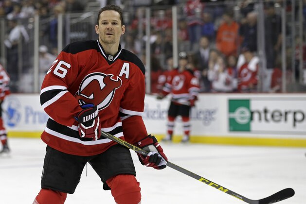 NEWARK, NJ - APRIL 9: Patrik Elias #26 of the New Jersey Devils warms up prior to taking on the Toronto Maple Leafs at the Prudential Center on April 9, 2016 in Newark, New Jersey. (Photo by Adam Hunger/Getty Images)