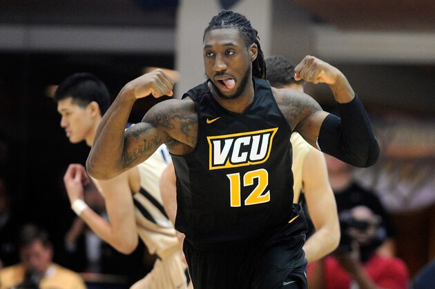 WASHINGTON, DC - FEBRUARY 27:  Mo Alie-Cox #12 of the Virginia Commonwealth Rams celebrates after scoring against the George Washington Colonials at the Charles E. Smith Athletic Center on February 27, 2016 in Washington, DC.  (Photo by G Fiume/Getty Images)