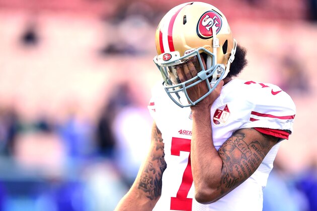 LOS ANGELES, CA - DECEMBER 24:  Colin Kaepernick #7 of the San Francisco 49ers warms up before the game against the Los Angeles Rams at Los Angeles Memorial Coliseum on December 24, 2016 in Los Angeles, California.  (Photo by Harry How/Getty Images)