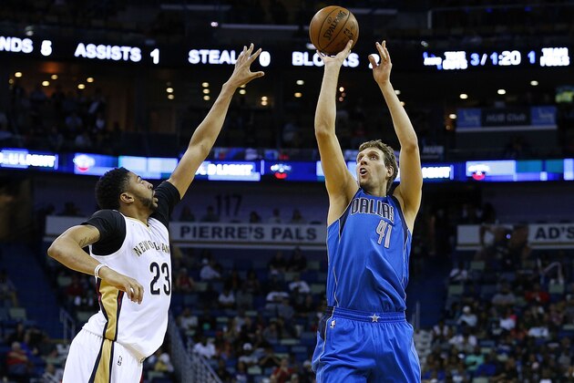 NEW ORLEANS, LA - MARCH 29:  Dirk Nowitzki #41 of the Dallas Mavericks shoots over Anthony Davis #23 of the New Orleans Pelicans during the second half of a game at the Smoothie King Center on March 29, 2017 in New Orleans, Louisiana. NOTE TO USER: User expressly acknowledges and agrees that, by downloading and or using this photograph, User is consenting to the terms and conditions of the Getty Images License Agreement.  (Photo by Jonathan Bachman/Getty Images)
